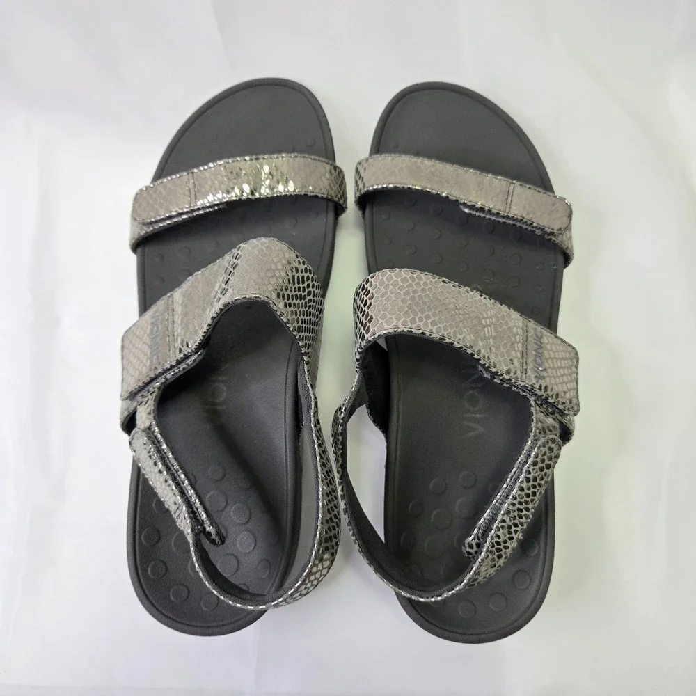 Vionic Bolinas Women's Size 9 Block Heel Strappy Sandal Silver Snake Print Comfy
